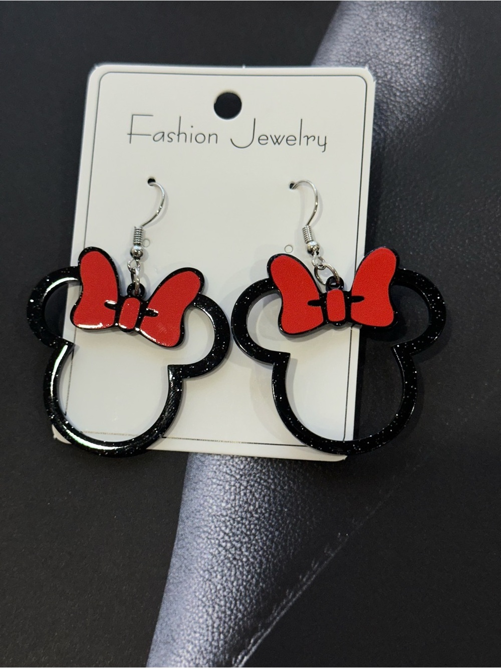 Black Minnie-Style Earrings with Red Bow